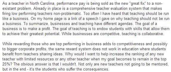 Teacher comment on how pay for performance affects the relationsihp of teachers to each other